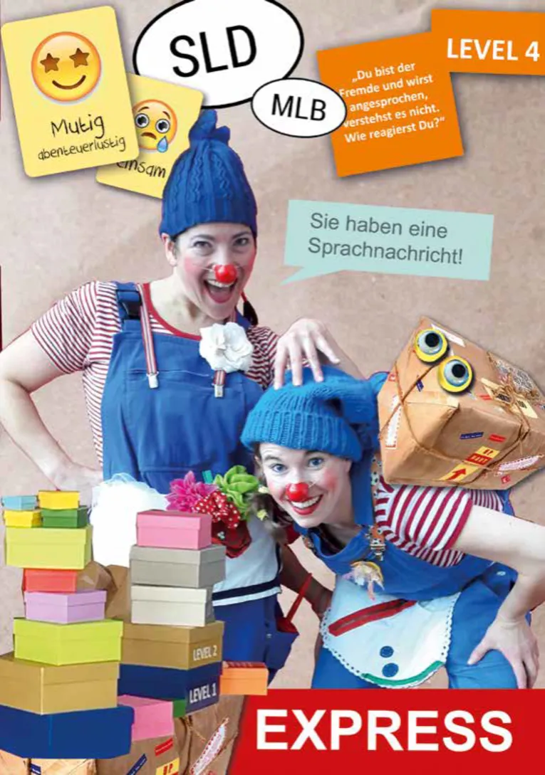 Grafik der Clownetinnen mit Wortschnipseln und Emojis